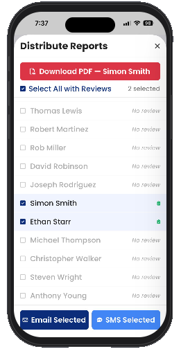 Distribute review reports via PDF download, email, or SMS