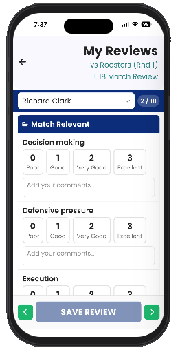 Mobile app review screen showing skill ratings for Decision making and Defensive pressure