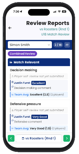 Mobile combined review report showing coach ratings, player self-review and team averages