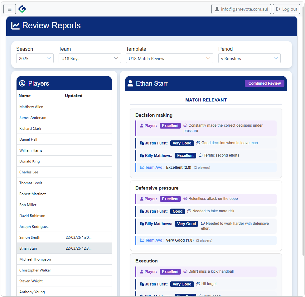 GameVote Player Review Reports on desktop showing combined coach and player reviews
