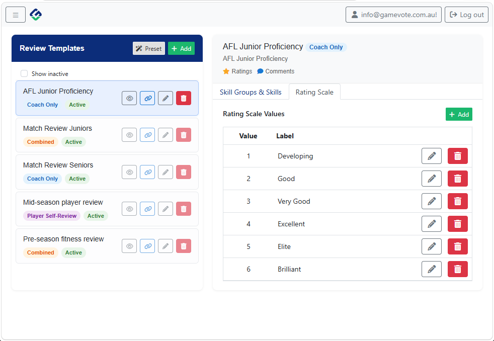 Custom rating scale values from 1-6