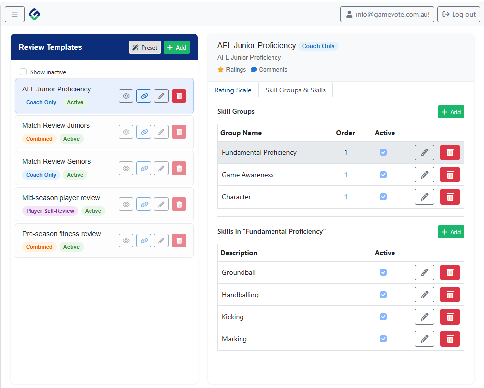 Skill groups and individual skills configuration