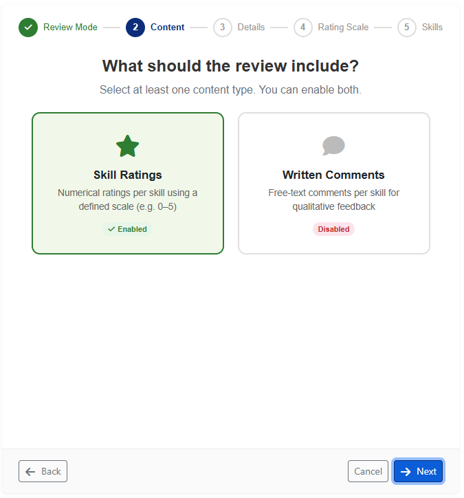 Review content wizard - choose Skill Ratings or Written Comments