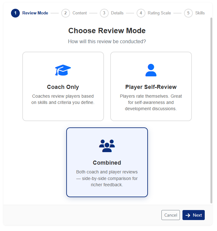 Choose Review Mode - Coach Only, Player Self-Review, or Combined